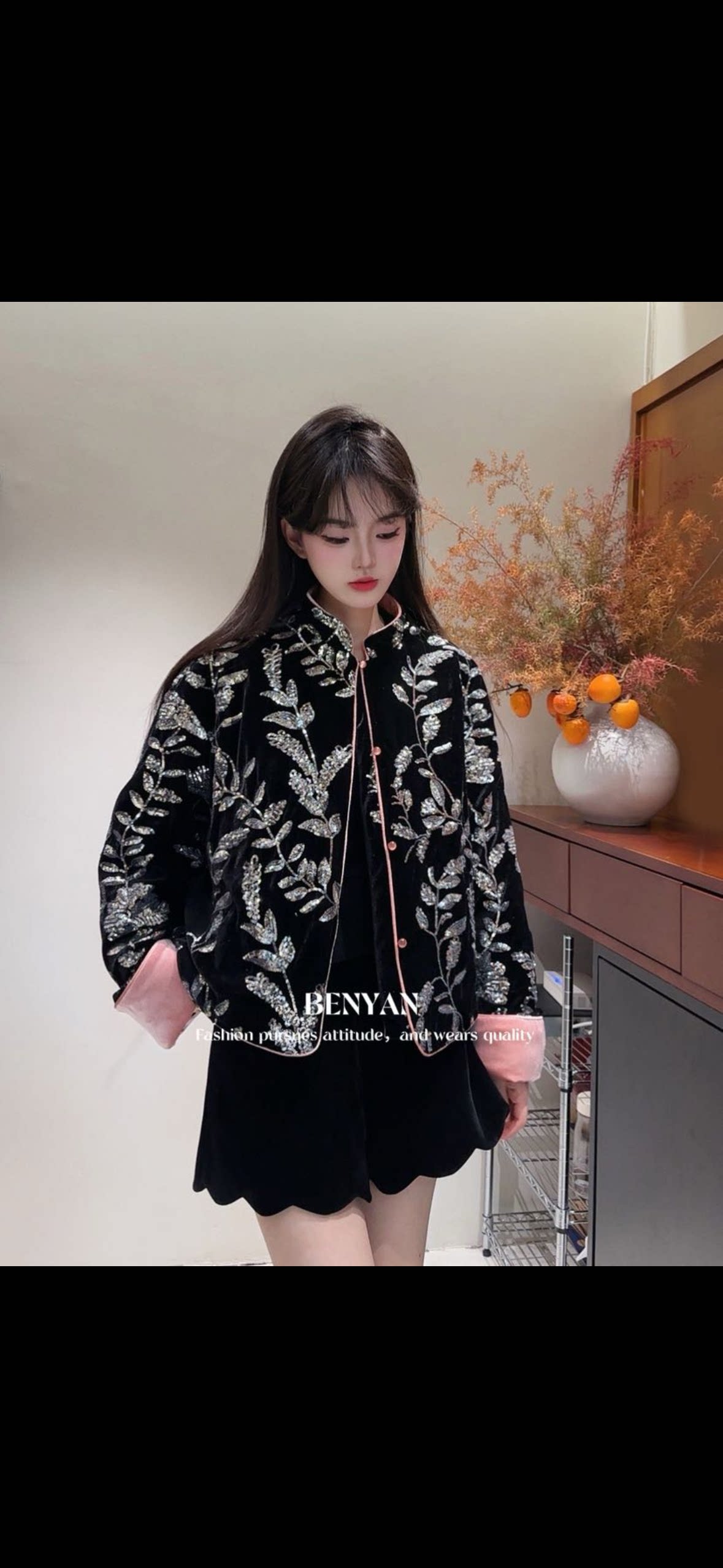 十三行本言benyan新中式盘扣亮片刺绣羽绒服外套2025新韩版羽绒服图片