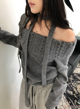 十三行Freecell翻折边一字肩毛织套头衫2024秋季显瘦针织衫03815