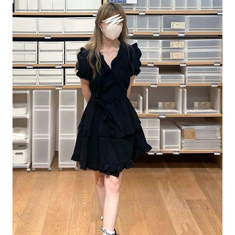 仙女裙超仙小个子森系初恋裙子学院风娃娃领显高显瘦黑色连衣裙