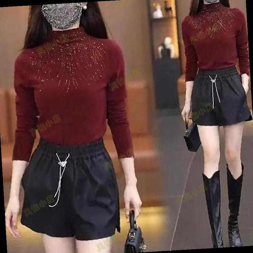 半高领长袖打底衫女秋冬2025新款枣红色上衣高级感烫钻修身打底衣