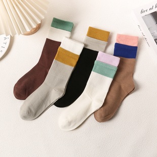 新款 袜子女中高筒纯棉秋冬双螺口彩虹撞色百搭韩国街头运动长袜