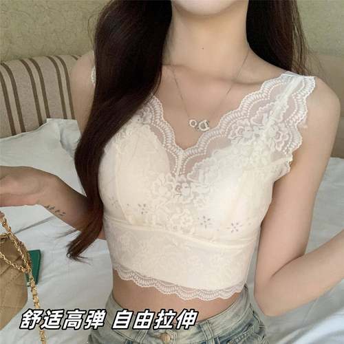 法式蕾丝少女美背吊带透气一体杯垫无钢圈聚拢可外穿背心式文胸女