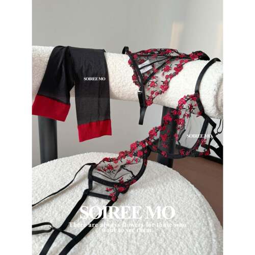 法式高级冷感碎花刺绣黑色性感纯欲薄款文胸半透视甜美内衣女套装