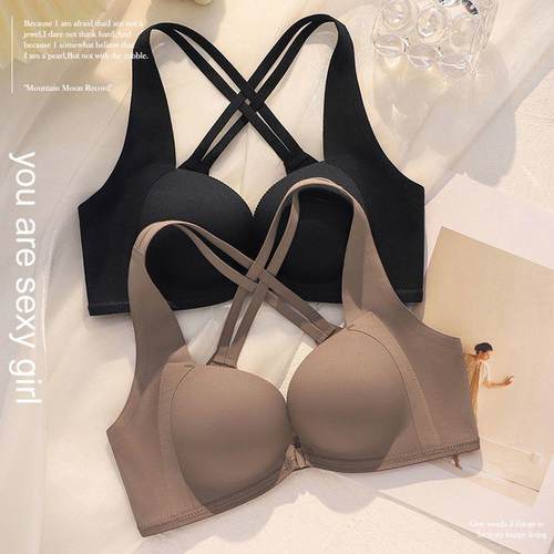 日本轻木棉交叉美背前扣内衣女小胸聚拢无痕收副乳文胸罩薄款套装
