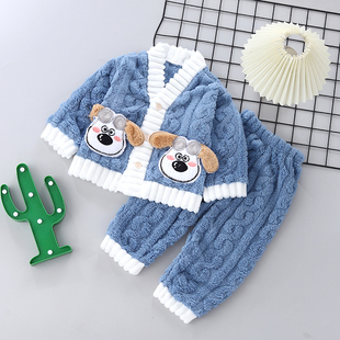 儿童睡衣套装秋冬卡通法兰绒加厚宝宝保暖加绒男女童珊瑚绒家居服