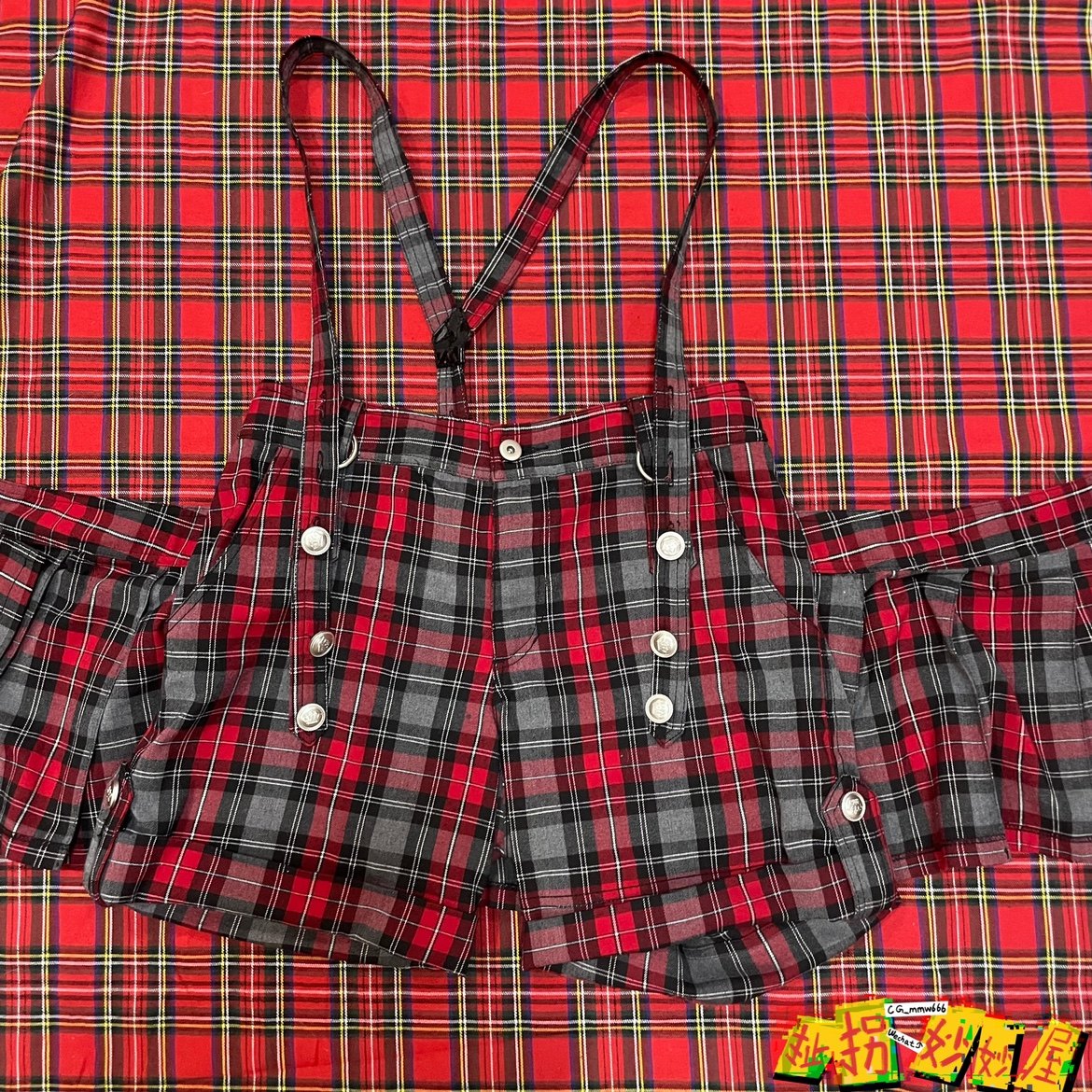 【现货掉落】Algonquins日牌中古稀有孤品黑红格纹短款裙帘背带