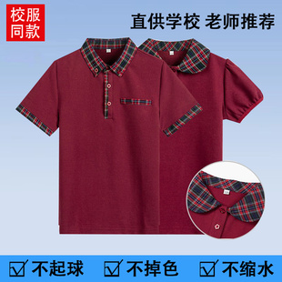 校服 夏季 吸汗透气英伦学院风男女儿童枣红短袖 T恤藏青半袖 Polo衫