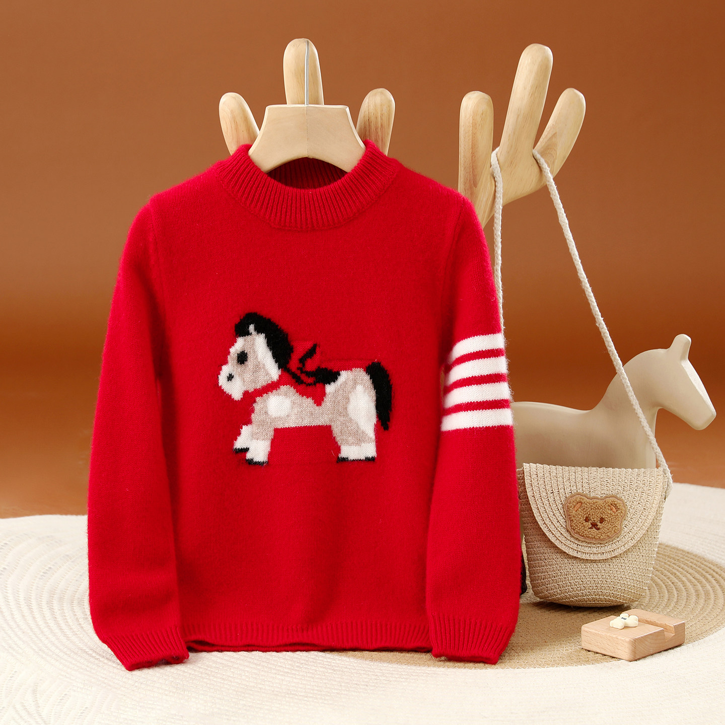 新年红儿童羊毛衫男女童卡通小马提花毛衣本命年洋气套头针织衫