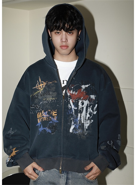 MADEEXTREME重磅美式涂鸦开衫卫衣街头潮牌摇滚洗水做旧连帽外套