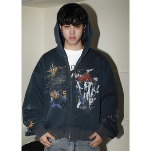 MADEEXTREME重磅美式 卫衣街头潮牌摇滚洗水做旧连帽外套 涂鸦开衫