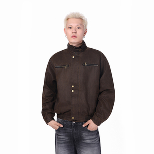 CLAEFON 复古机车皮衣外套男女高级感宽松痞帅立领夹克外套潮 美式