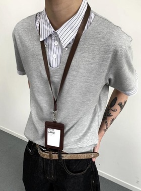 MADEEXTREME小众复古假两件设计拼接条纹polo领叠穿短袖打底衫T恤