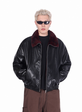 claefon冬季美式廓形PU皮衣毛领夹克座山雕cleanfit高级感棉衣男