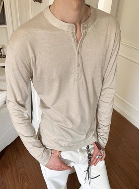 EME 美式潮牌澳洲羊毛亨利领长袖T恤男女秋季宽松针织打底上衣潮