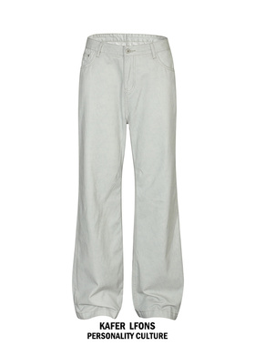 KAFER 美式复古cleanfit直筒阔腿牛仔裤男vintage做旧浅灰色裤子