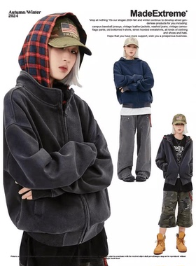 MADEEXTREME 美式复古街头假两件格子连帽卫衣男拉链开衫忍者外套