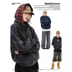MADEEXTREME 美式复古街头假两件格子连帽卫衣男拉链开衫忍者外套