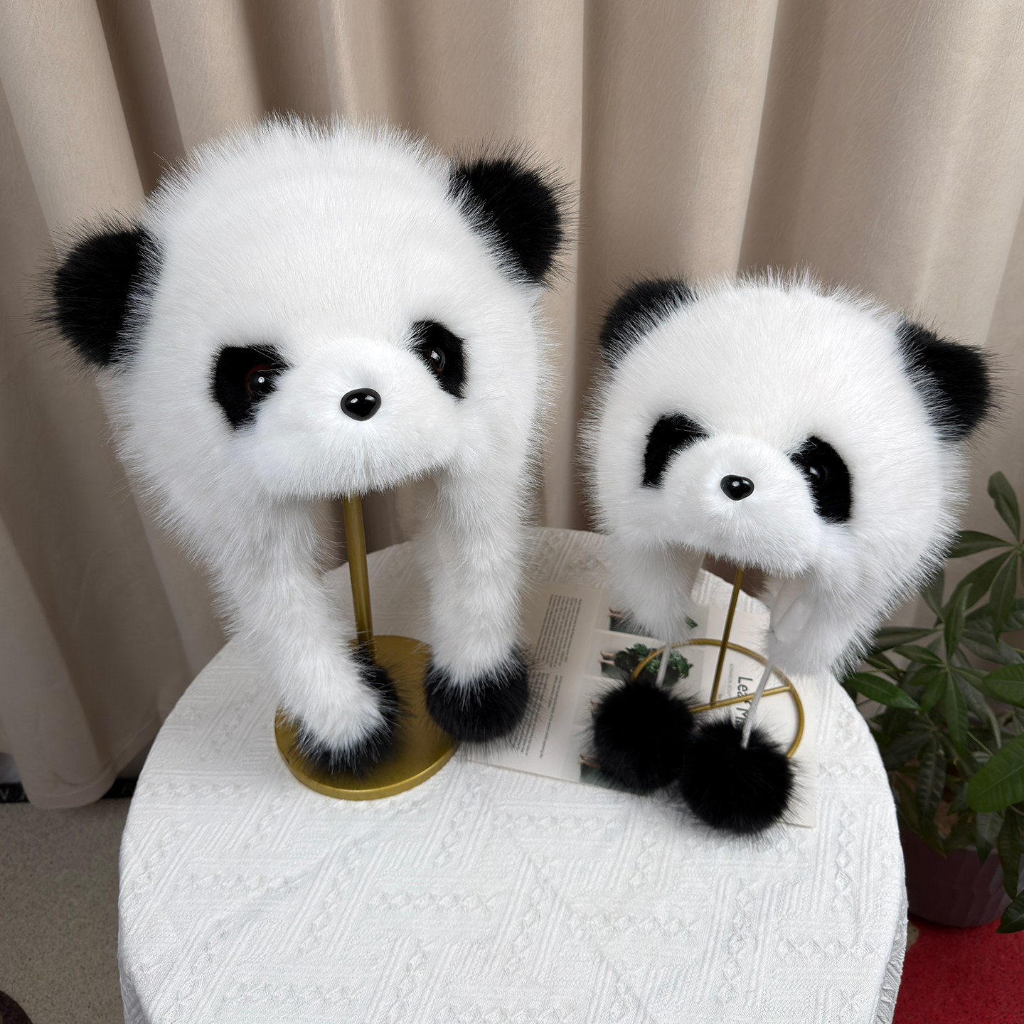 可爱小熊猫毛绒帽仿狐狸毛保暖