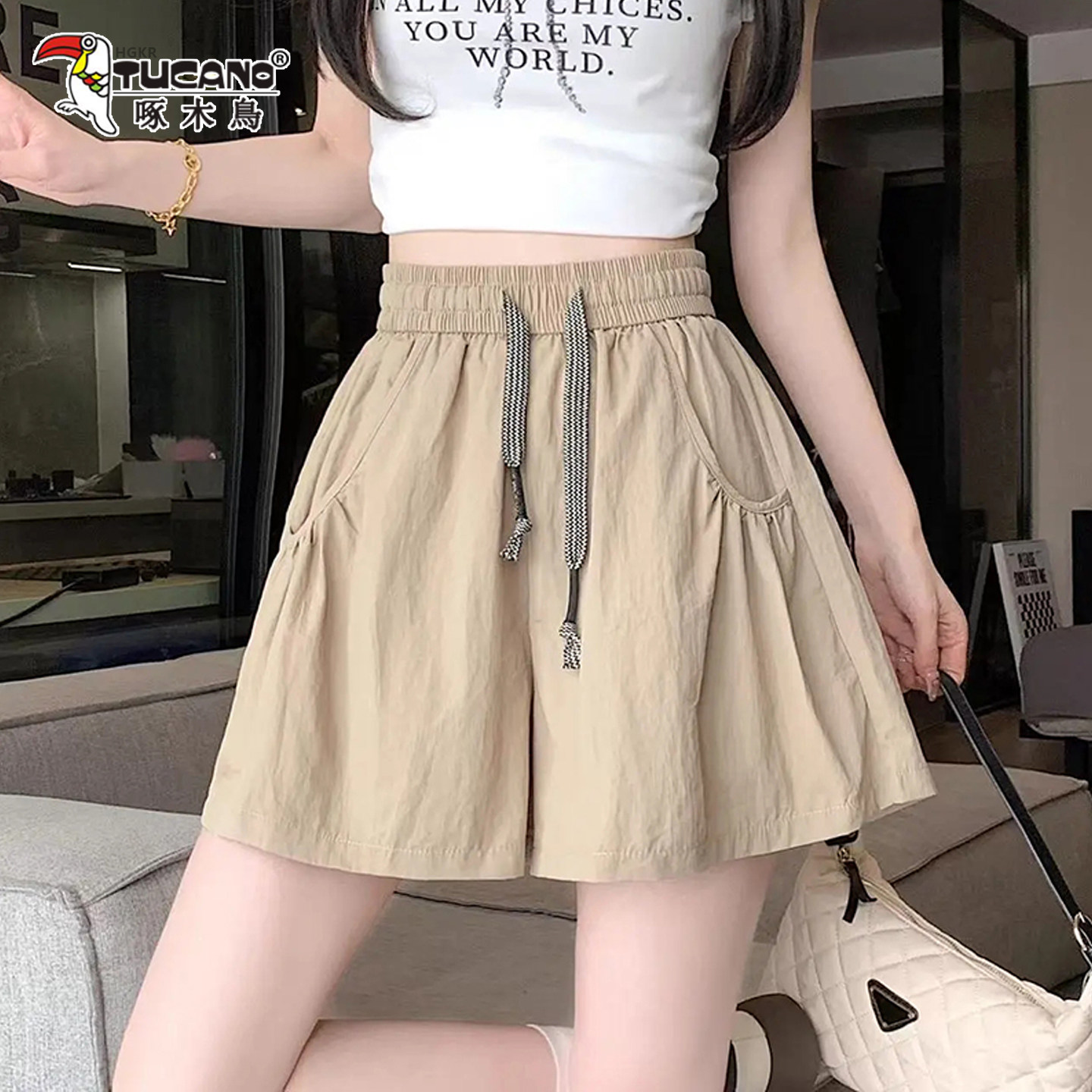 啄木鸟女夏高腰速干显瘦阔腿短裤