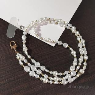 手机挂绳女款斜挎侧身可背长款挂链轻奢高级异巴洛克形珍珠链子包