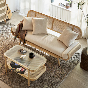 实木藤编沙发民宿客厅双人藤椅设计师创意小户型休闲椅子长椅 日式