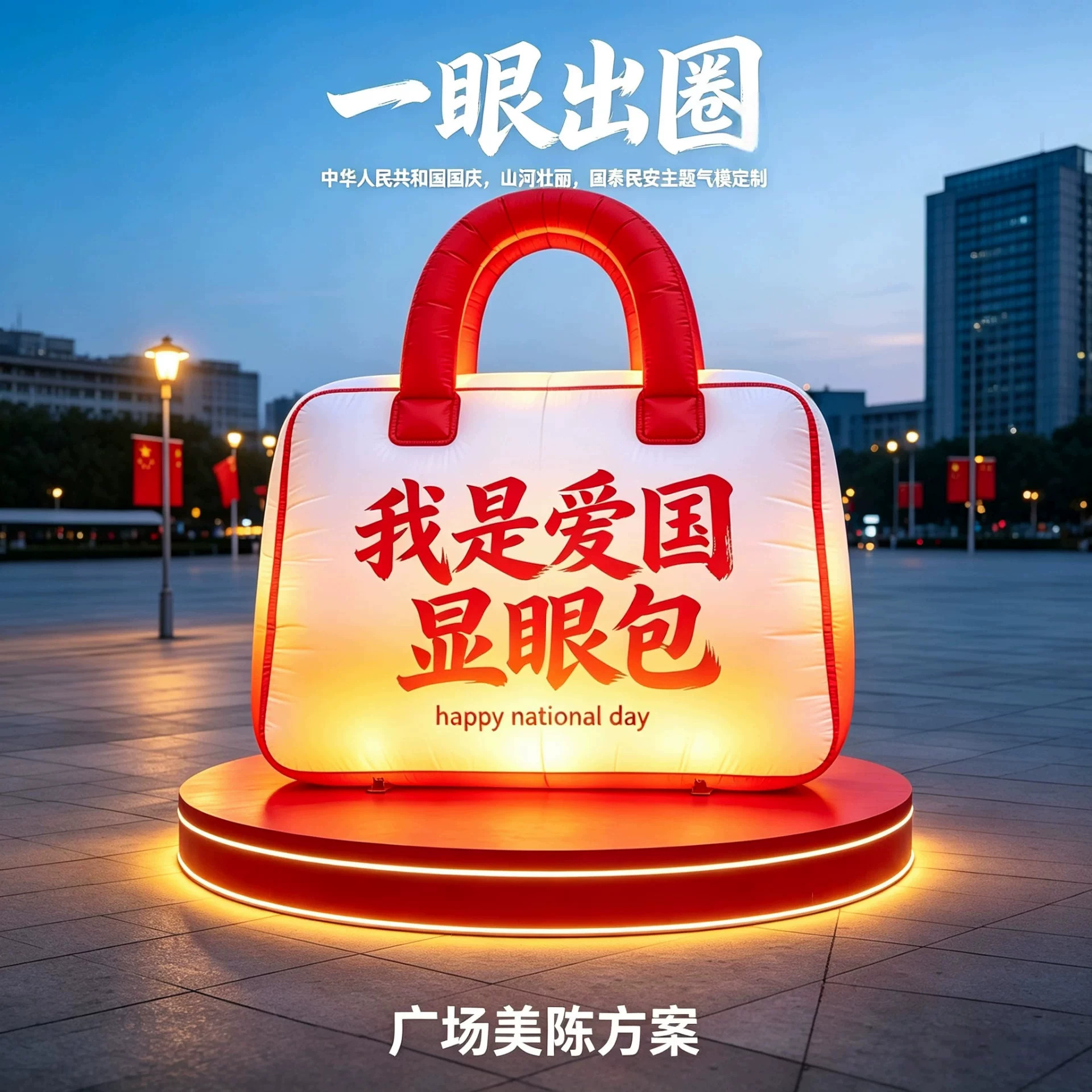 国庆节爱国主题充气气模户外商业广场美陈装饰道具发光手提袋造型