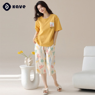 睡衣 可外穿宽松简约7分袖 睡衣女夏季 纯棉圆领舒适家居服套装