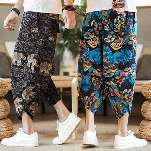 泰国男裤子七分裤嘻哈宽松休闲灯笼裤民族风棉麻哈伦7分短裤男潮