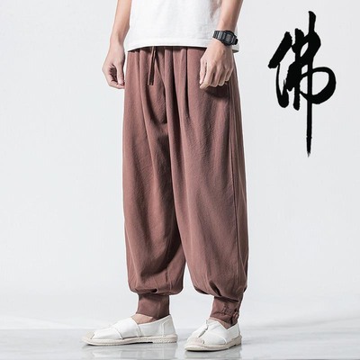 中国风亚麻汉服裤子男复古阔腿