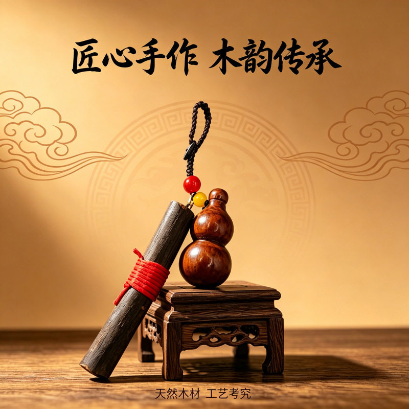 手工木雕福禄葫芦钥匙扣 原木红绳随身吉祥挂饰 车载挂坠文创礼品