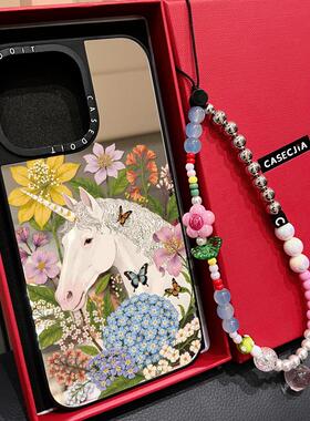 C家联名MagSafe磁吸潮牌花卉独角兽白马适用iphone17手机壳16promax苹果15pro镜面14plus日韩ins时尚13/Air女