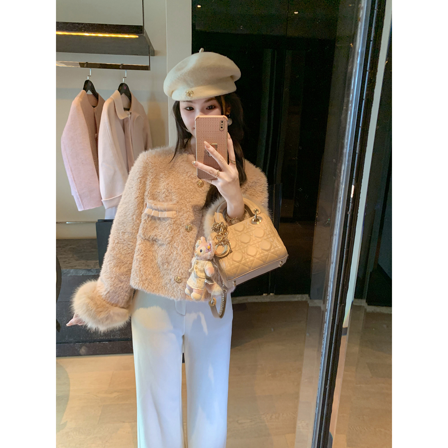 小香风皮毛一体女冬短款毛呢外套