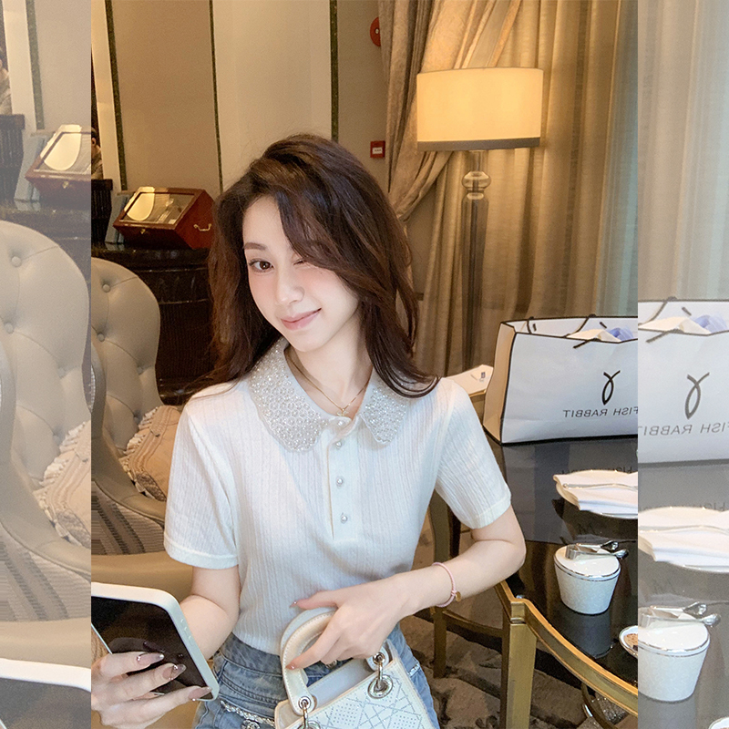 鱼兔子的兔子「璀璨珍珠」蕾丝珍珠翻领短袖女新款时尚Polo上衣