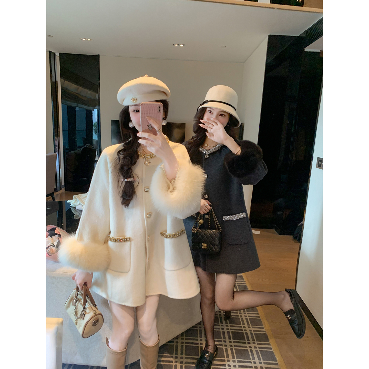 鱼兔子的兔子 拼接毛袖羊毛双面呢毛呢女2025秋冬中长款大衣外套