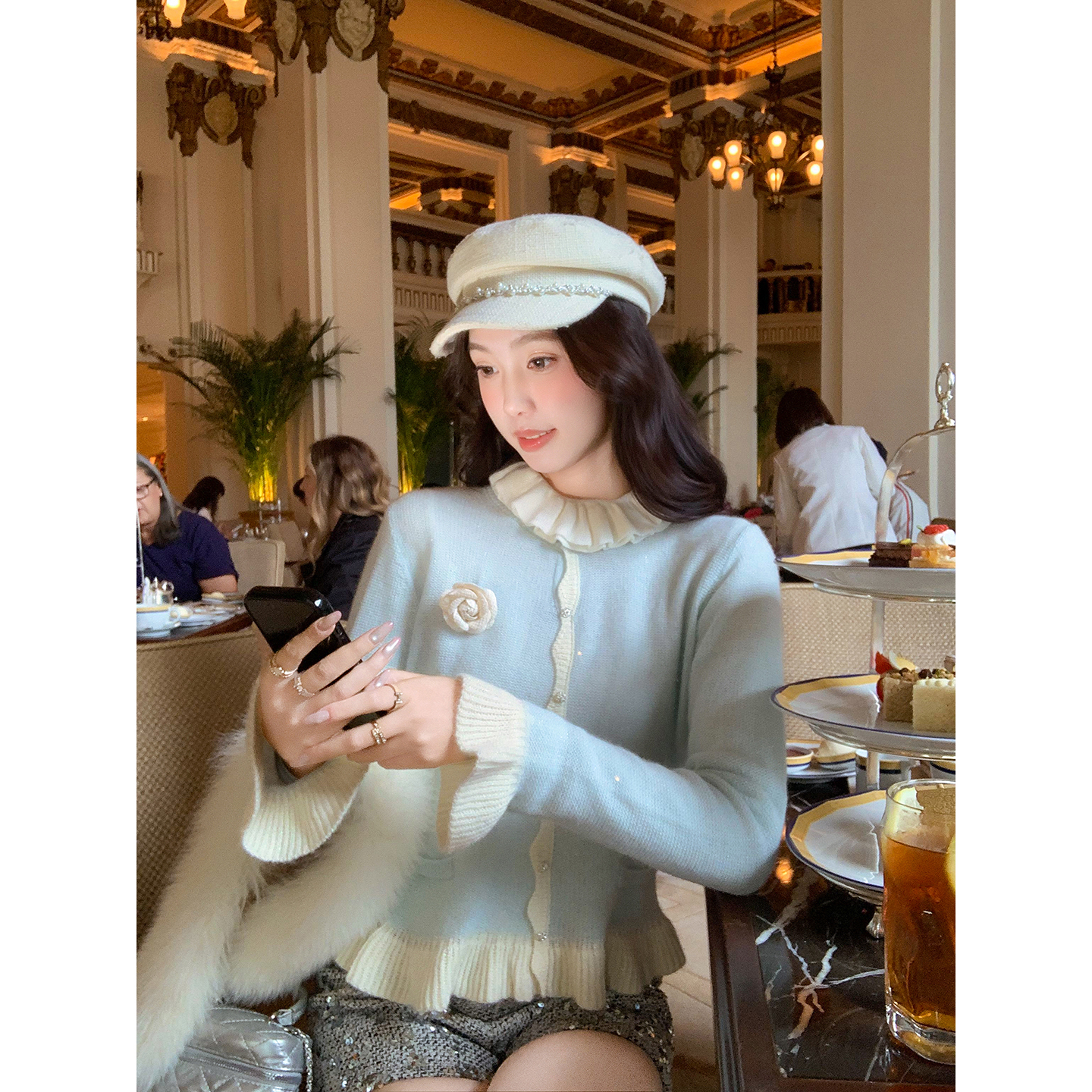 撞色针织开衫女秋冬气质短款上衣