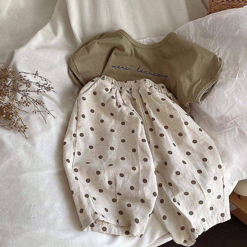 文艺范儿!韩国男女童凉爽棉麻小波点裤宽松阔腿舒适七分裤2024夏