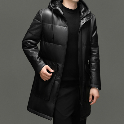 海宁真皮皮衣2025新款头层牛皮连帽加厚皮夹克中长款羽绒服外套男