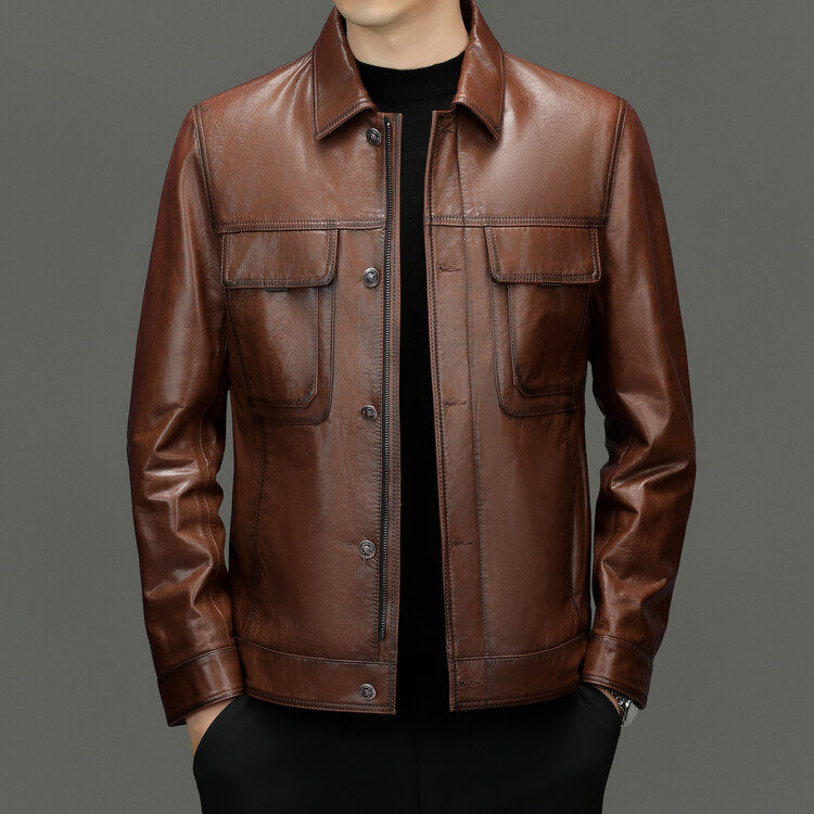 复古头层牛皮正品海宁皮夹克男款真皮皮衣工装休闲翻领外套潮流