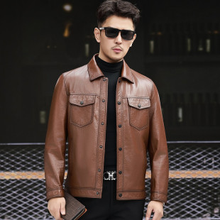 海宁真皮皮衣男士 牛仔翻领头层小黄牛皮休闲机车软皮夹克外套 时尚