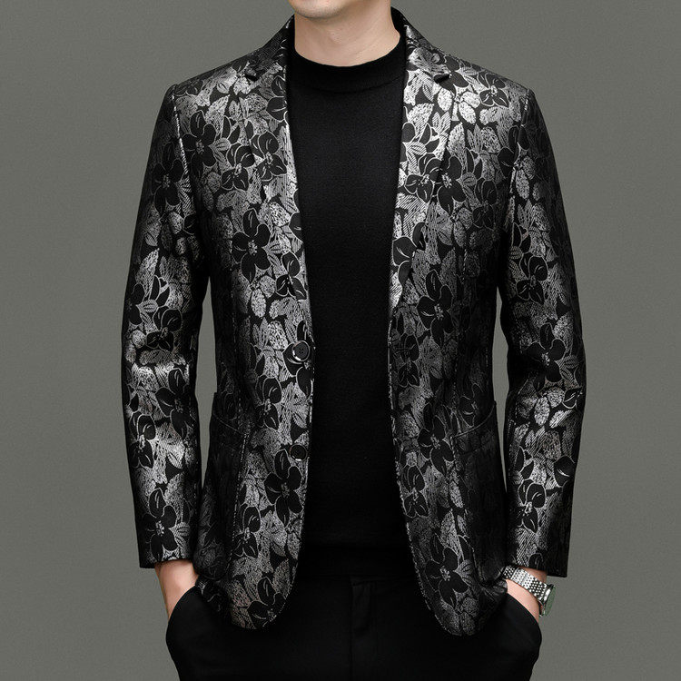 绵羊皮西装男韩版修身时尚潮高级感痞帅印花真皮皮衣休闲西服外套