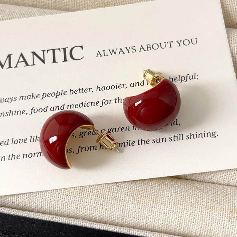 新款过年红色半圆球耳环