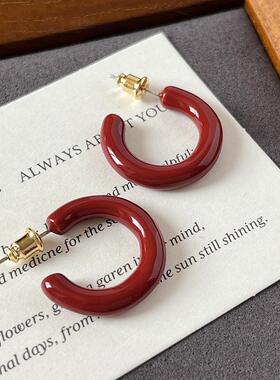 925银针珐琅滴油C形耳钉轻奢高级感气质大气2025新年显白红色耳饰