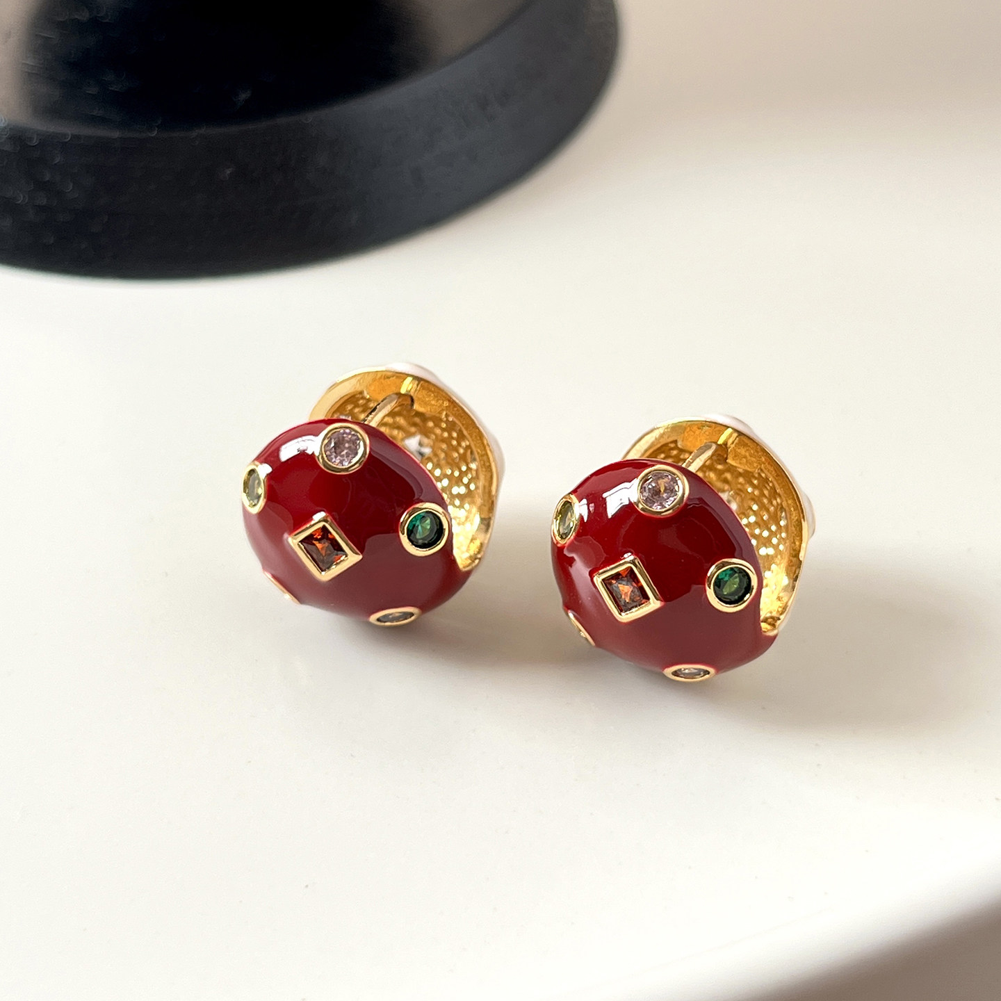 复古红色圆形宝石耳环新年圣诞