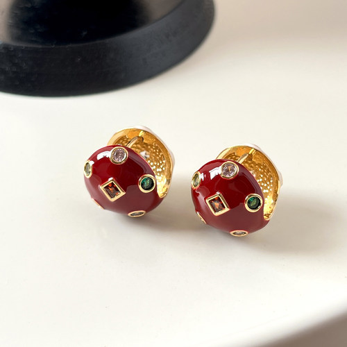 复古红色圆形宝石耳环新年圣诞