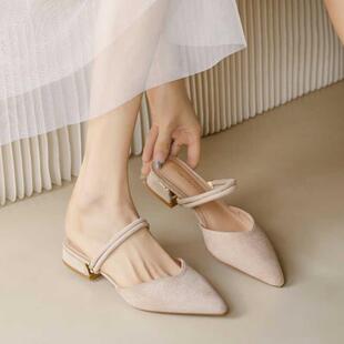 低跟平底凉拖鞋 包头凉鞋 外穿尖头气质粗跟百搭单鞋 新款 女2025夏季