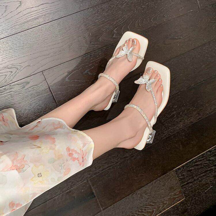 踩屎感夹趾凉拖鞋女水钻