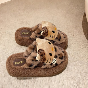 豹纹kt猫毛绒拖鞋 女秋冬加绒保暖外穿厚底包头居家可爱懒人棉拖鞋