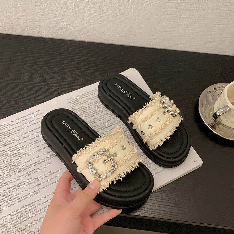 绝美厚底露趾水钻凉拖鞋