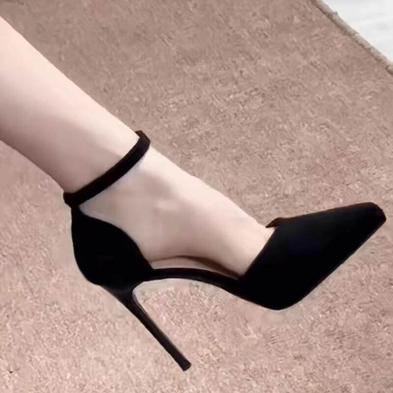 防水台镂空一字带高跟鞋女细跟2026新款尖头黑色绒面单鞋百搭凉鞋