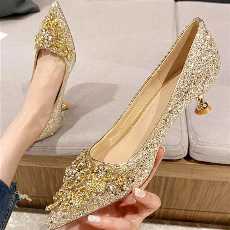 法式金色婚鞋新娘鞋主婚纱3cm低跟高跟鞋女2026年春秋新款水晶鞋